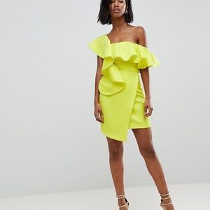 ASOS Asymmetric Ruffle Wrap Mini Cocktail Dress – Neon Yellow – NWT